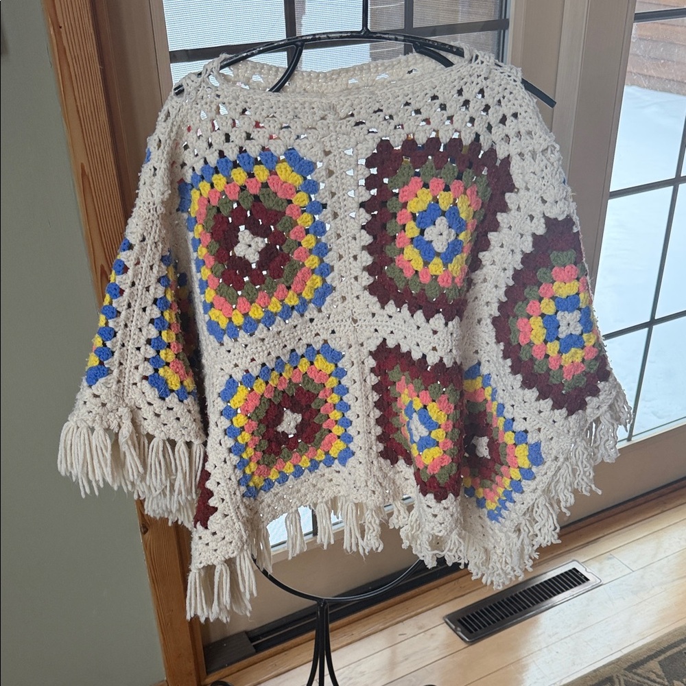 Upcycled Handmade Colorful Crochet Poncho with Fringe Sz OS‎